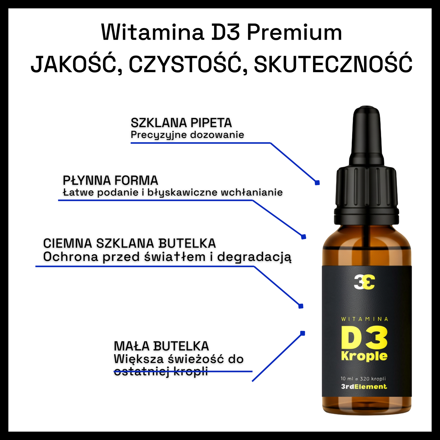 Witamina D3 w kroplach – 10 ml / 320 kropli – wegańska formuła, wspiera odporność, zdrowe kości i mięśnie