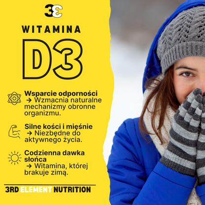 3rd Element Nutrition Witamina D3 krople 10 ml – kobieta w zimowych ubraniach cieszy się słońcem, korzyści z wit D3 dla odporności, energii i dobrego nastroju w okresie zimowym.