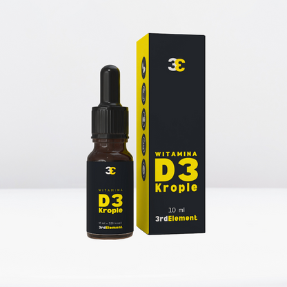 3rd Element Nutrition Witamina D3 krople 10 ml – butelka i pudełko obok siebie, suplement diety wspierający odporność, kości i naturalną energię.