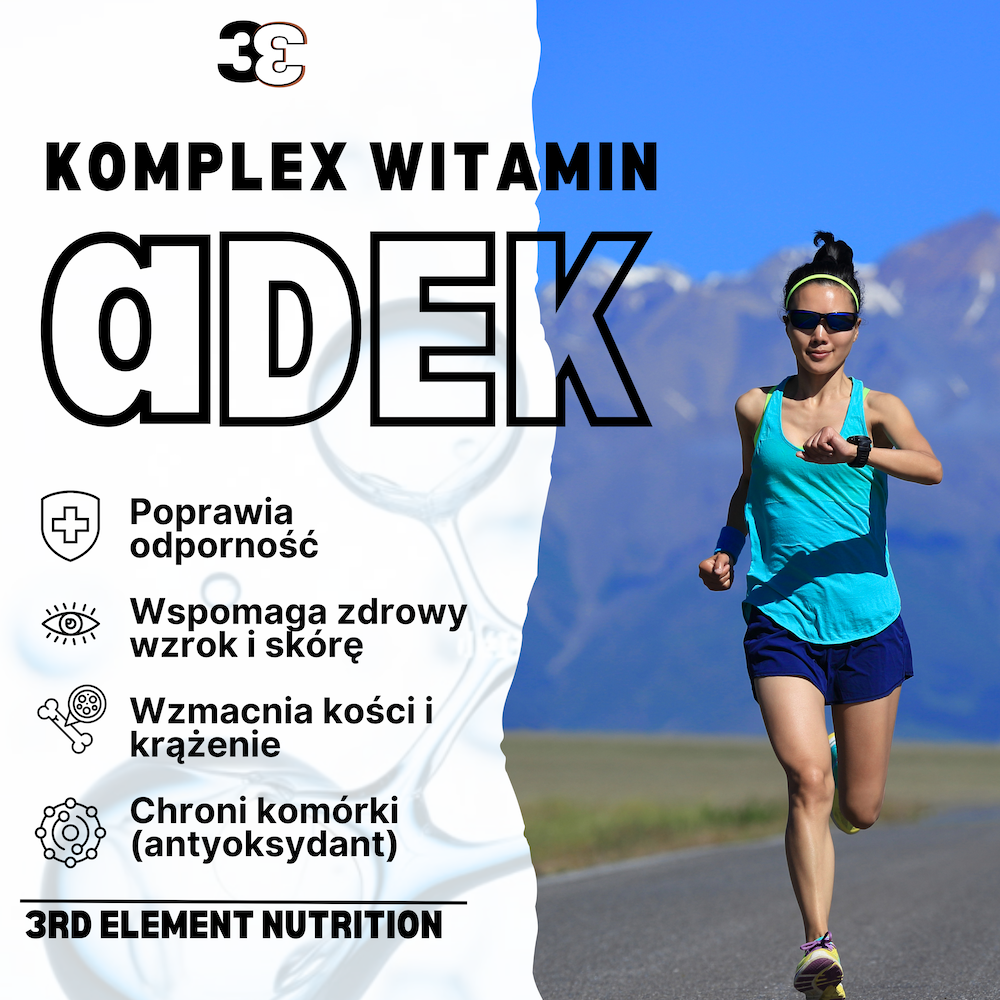 Kobieta w sportowym stroju – szortach i koszulce – biegnie w naturze, symbolizując energię i zdrowie. Suplement diety 3rd Element Nutrition A + D + E + K w kroplach, 10 ml. Wegańska formuła wspierająca odporność, wzrok, kości i skórę.
