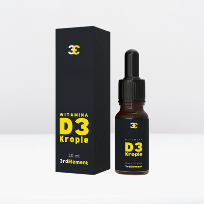 3rd Element Nutrition Witamina D3 krople 10 ml – butelka z pipetą i opakowanie z etykietą w języku polskim, suplement wspierający odporność i dobre samopoczucie.