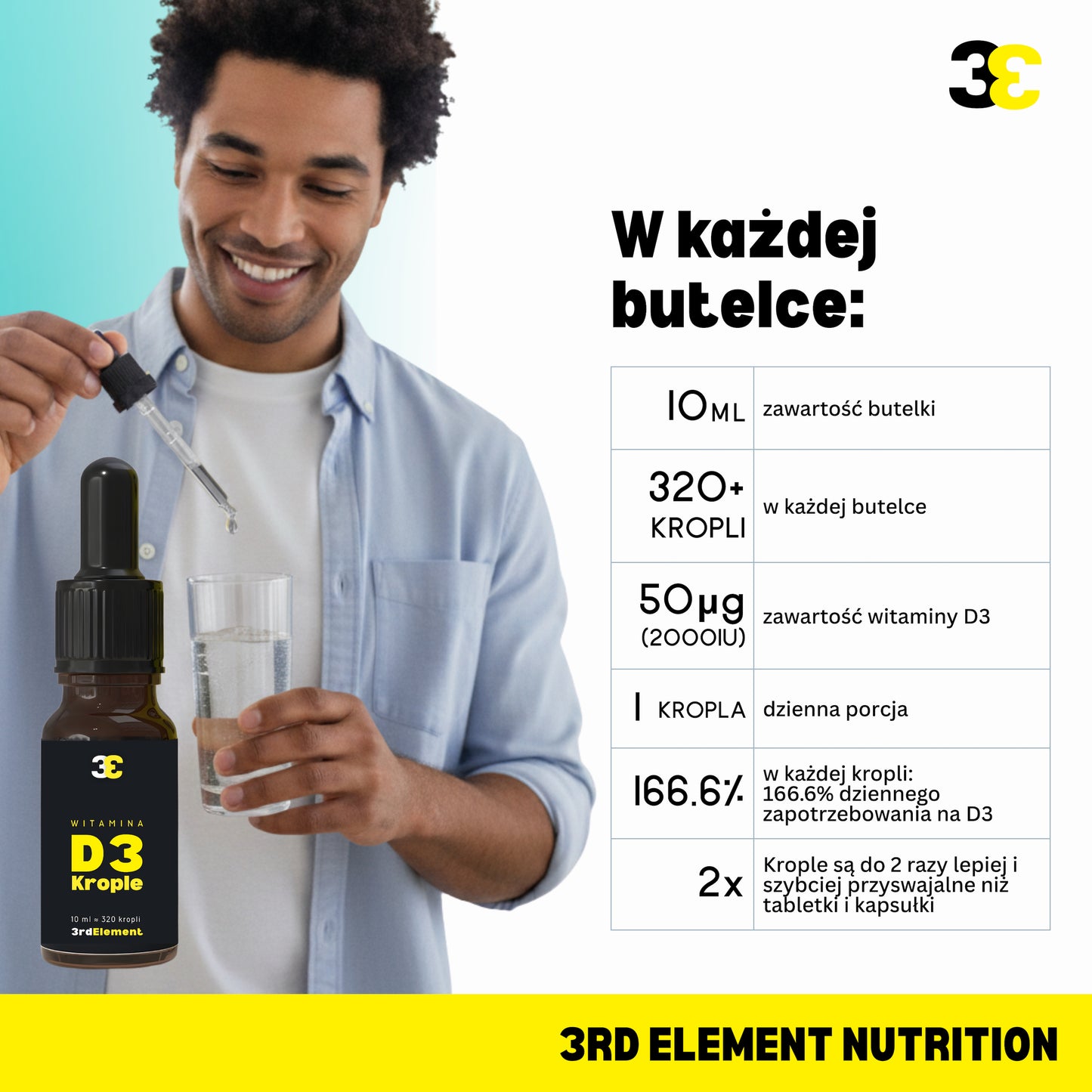 Witamina D3 w kroplach – 10 ml / 320 kropli – wegańska formuła, wspiera odporność, zdrowe kości i mięśnie