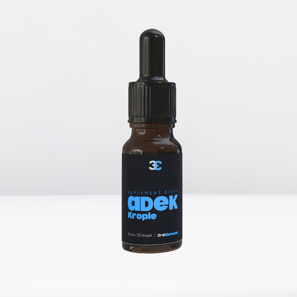 Szklana butelka z pipetą witamin A + D + E + K 3rd Element Nutrition, 10 ml. Wegański kompleks witamin w kroplach – czysta formuła dla odporności, wzroku, skóry i energii życiowej.