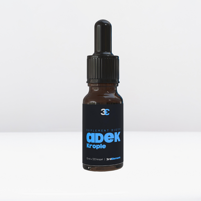 Szklana butelka z pipetą witamin A + D + E + K 3rd Element Nutrition, 10 ml. Wegański kompleks witamin w kroplach – czysta formuła dla odporności, wzroku, skóry i energii życiowej.