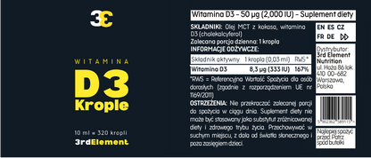 Witamina D3 w kroplach – 10 ml / 320 kropli – wegańska formuła, wspiera odporność, zdrowe kości i mięśnie