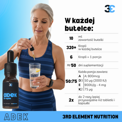 Dojrzała kobieta w sportowym stroju miesza witaminy A + D + E + K w napoju po treningu. Suplement diety 3rd Element Nutrition w kroplach, 10 ml – naturalne wsparcie odporności, kości, skóry i układu krążenia. Idealny po wysiłku fizycznym i jako element codziennej terapii diety.